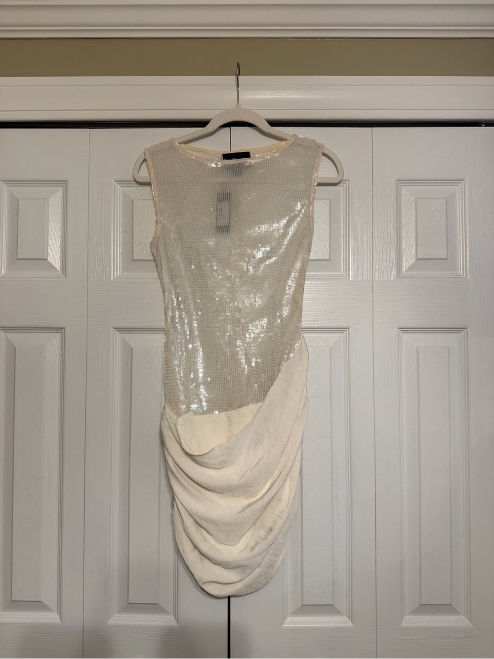 PLT Ivory Sequin & Draped Satin Cocktail Dress